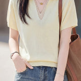 Elegant V-Neck Fake Two-Piece Knit Sweater - liwisi