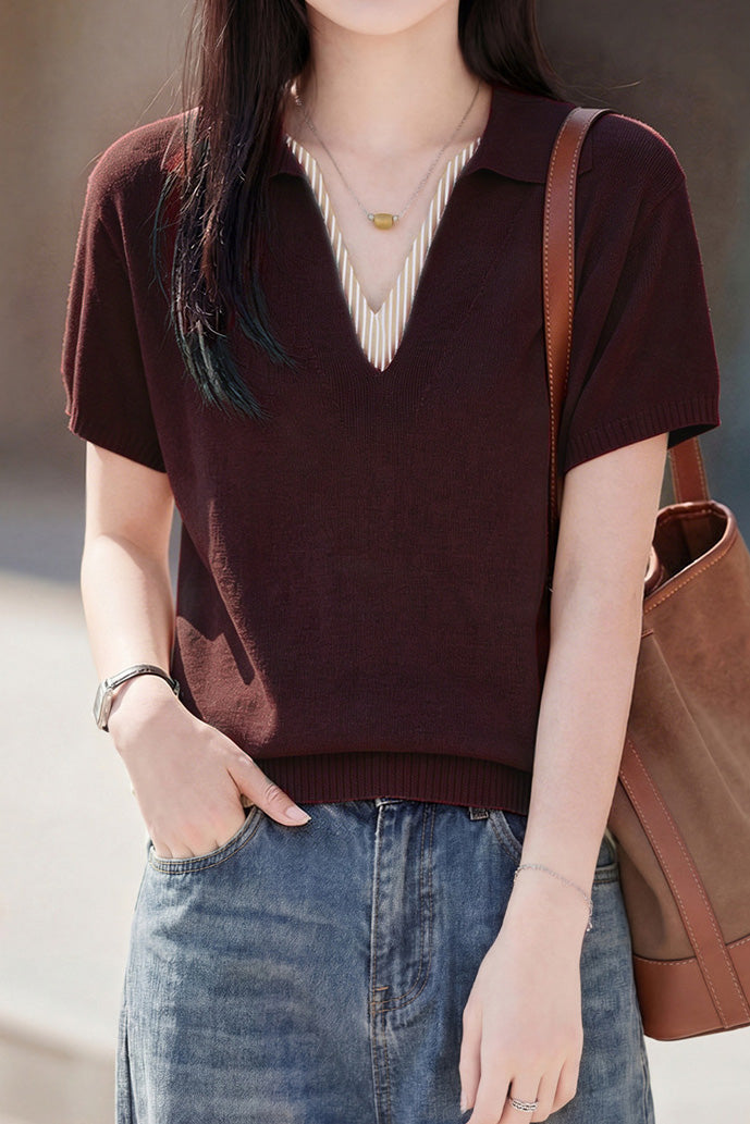 Elegant V-Neck Fake Two-Piece Knit Sweater - liwisi
