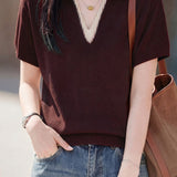Elegant V-Neck Fake Two-Piece Knit Sweater - liwisi