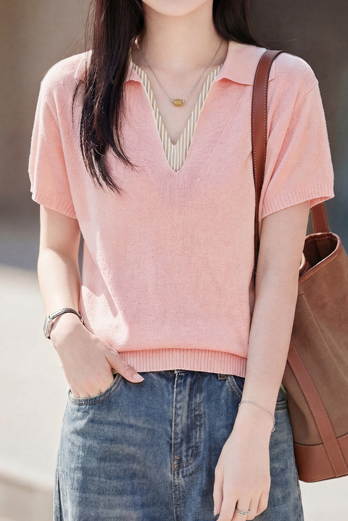 Elegant V-Neck Fake Two-Piece Knit Sweater - liwisi
