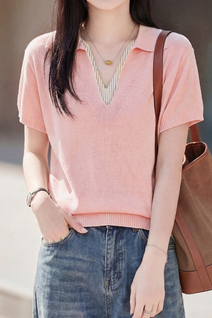 Elegant V-Neck Fake Two-Piece Knit Sweater - liwisi