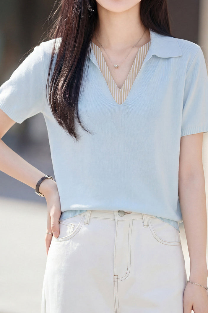 Elegant V-Neck Fake Two-Piece Knit Sweater - liwisi