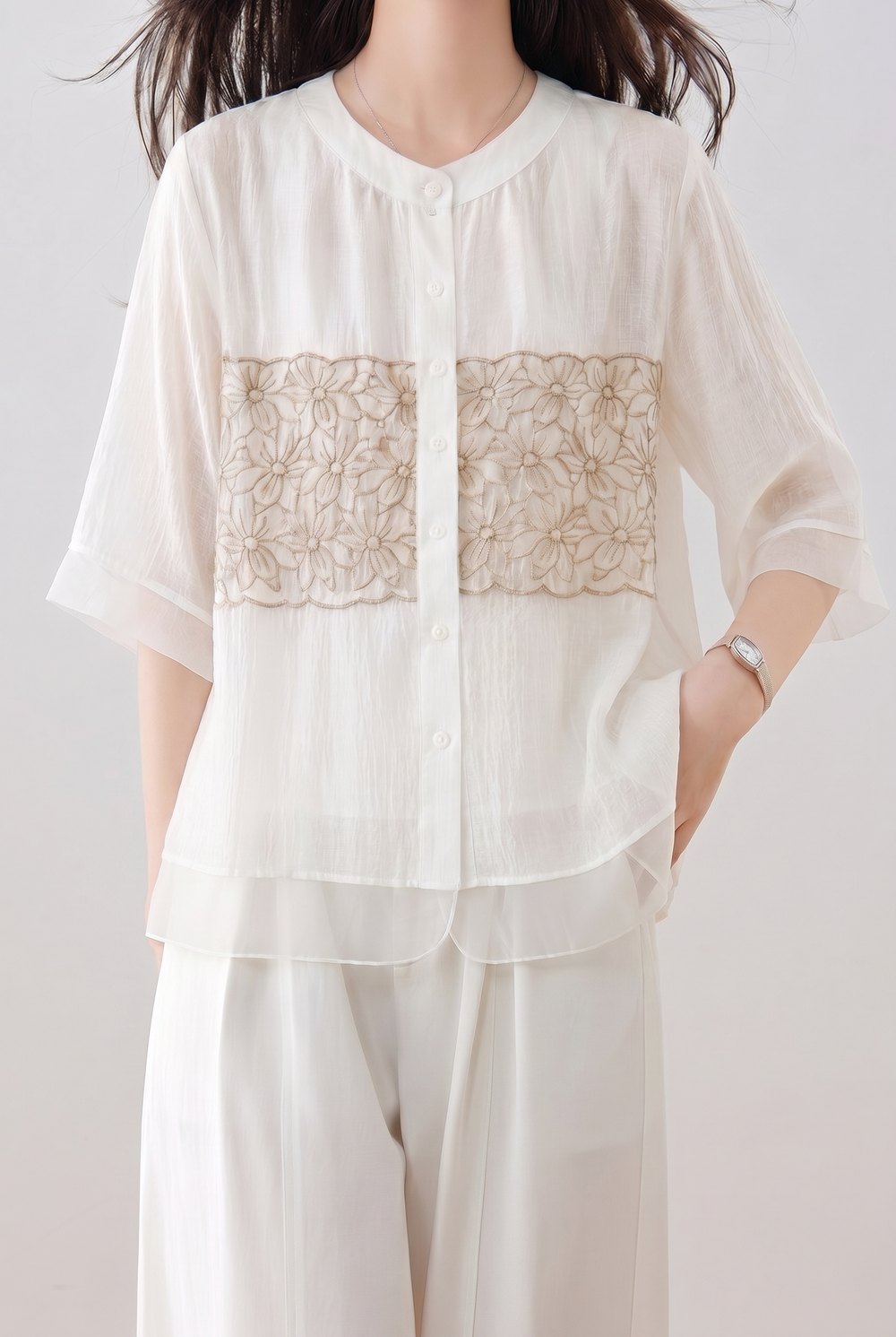 Elegant Commuter Round Neck Embroidered Shirt - liwisi