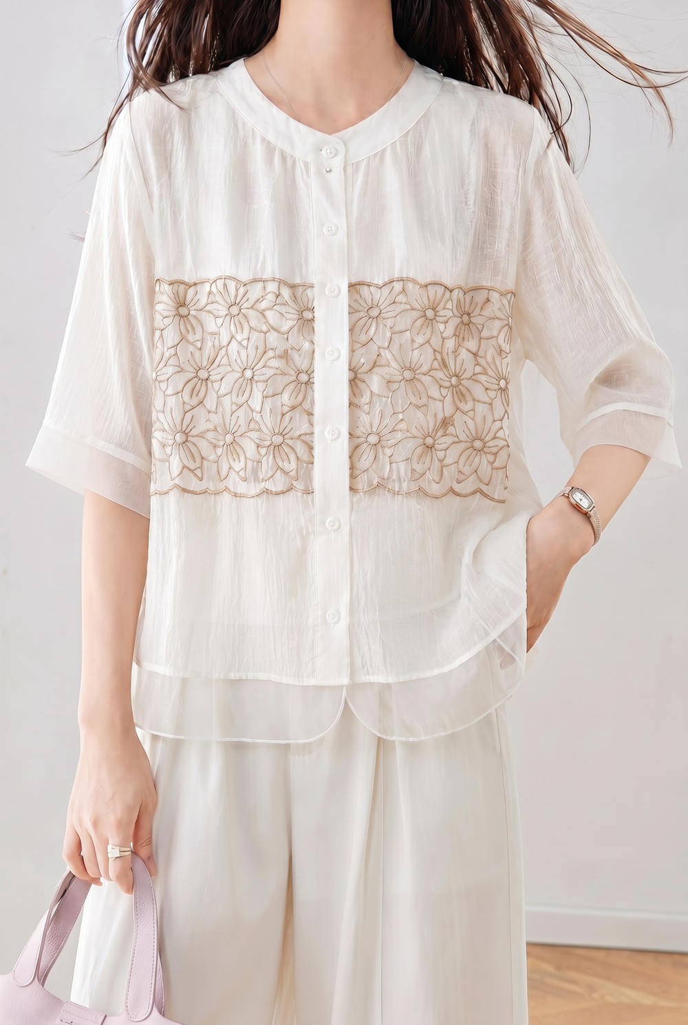 Elegant Commuter Round Neck Embroidered Shirt - liwisi