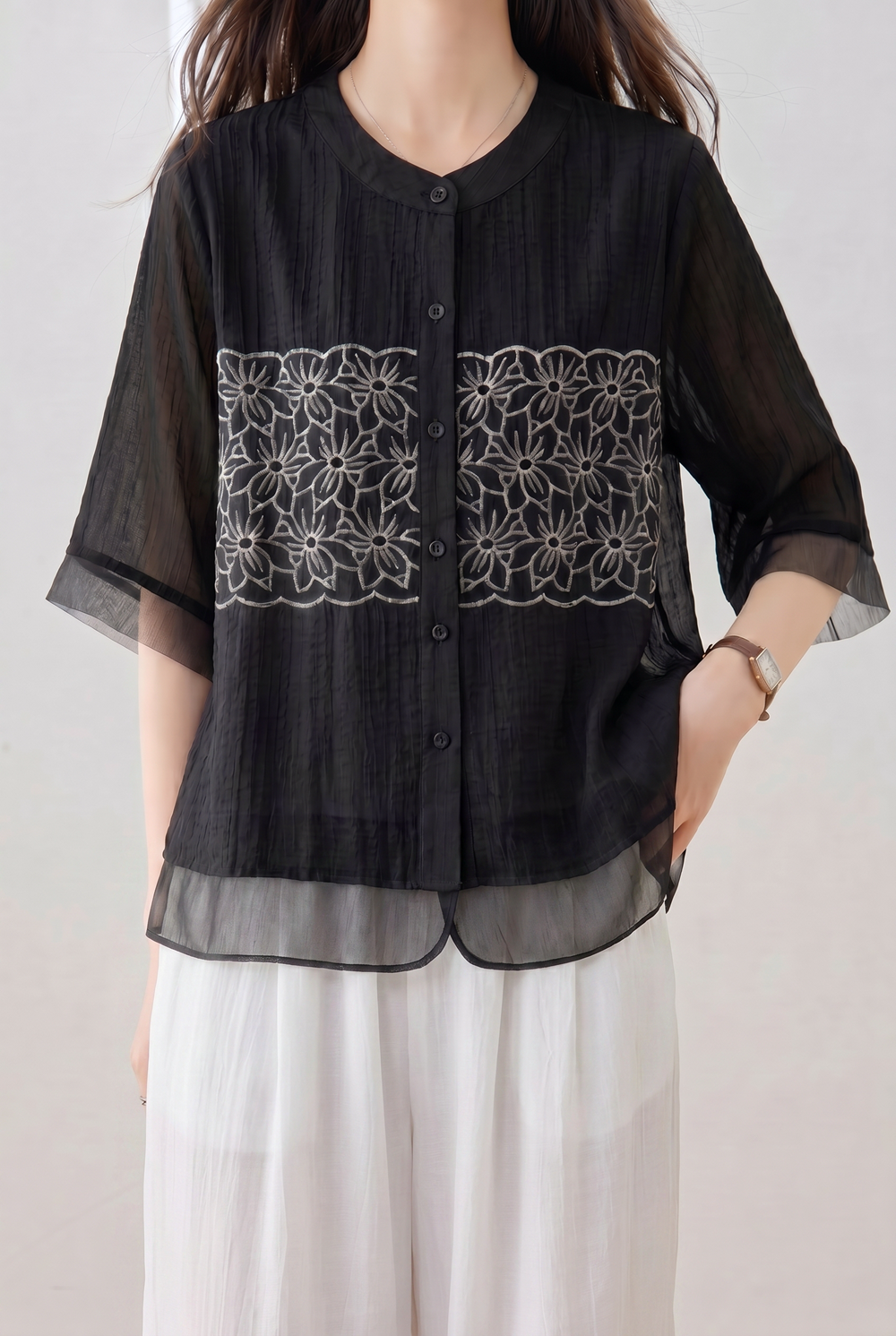 Elegant Commuter Round Neck Embroidered Shirt - liwisi