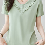 Soft Commute Ruffle-Trim V-Neck T-Shirt - liwisi