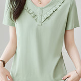 Soft Commute Ruffle-Trim V-Neck T-Shirt - liwisi