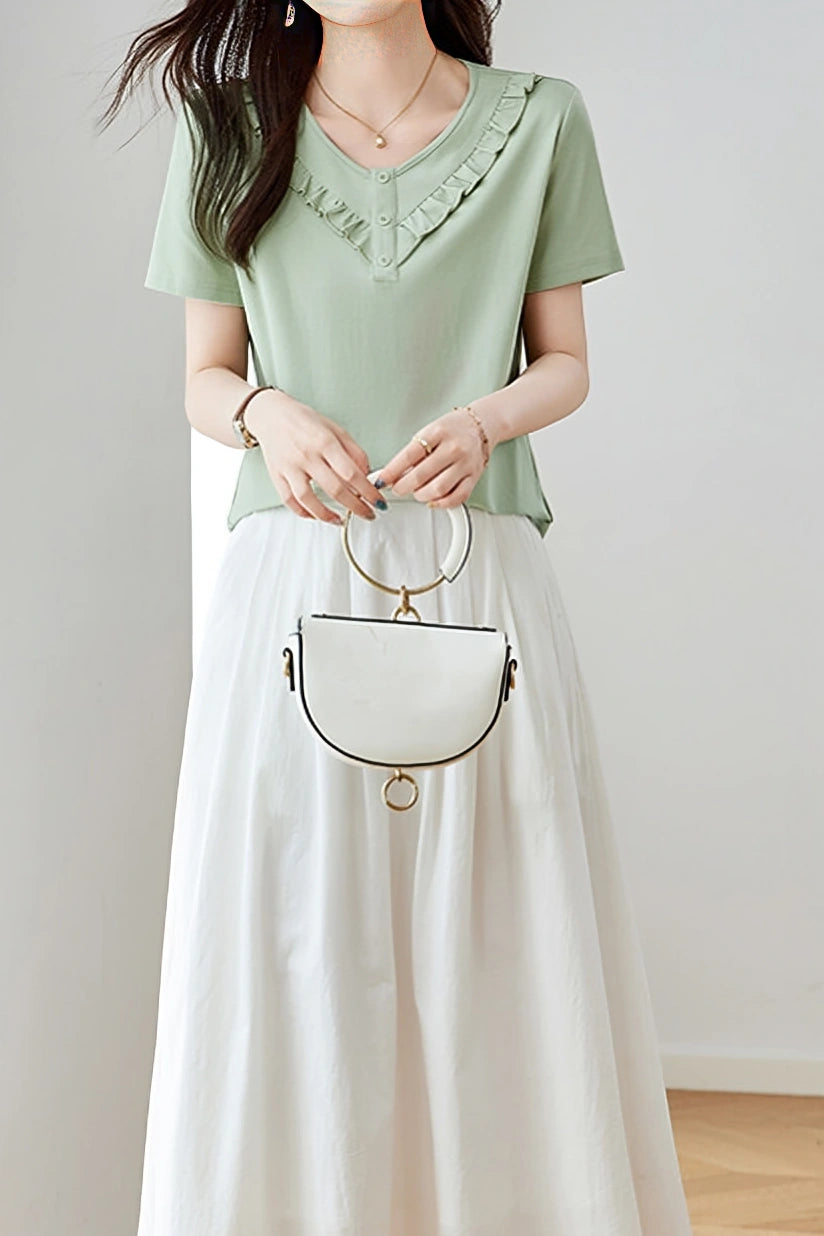 Soft Commute Ruffle-Trim V-Neck T-Shirt - liwisi
