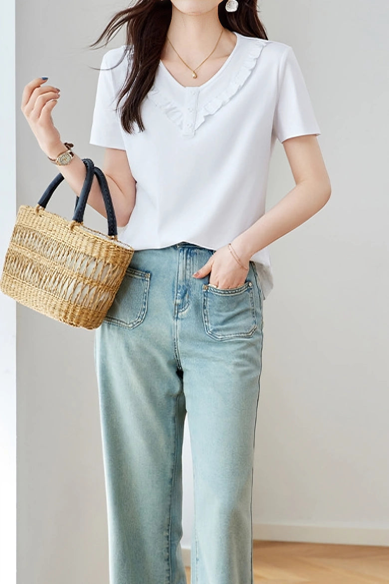 Soft Commute Ruffle-Trim V-Neck T-Shirt - liwisi