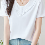 Soft Commute Ruffle-Trim V-Neck T-Shirt - liwisi