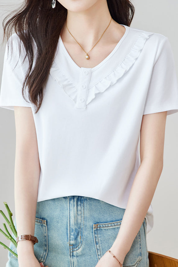 Soft Commute Ruffle-Trim V-Neck T-Shirt - liwisi