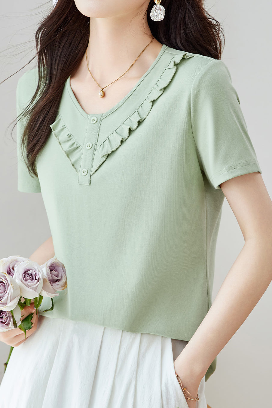 Soft Commute Ruffle-Trim V-Neck T-Shirt - liwisi