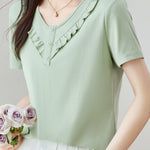 Soft Commute Ruffle-Trim V-Neck T-Shirt - liwisi