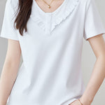 Soft Commute Ruffle-Trim V-Neck T-Shirt - liwisi
