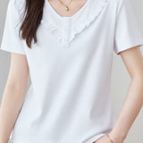 Soft Commute Ruffle-Trim V-Neck T-Shirt - liwisi