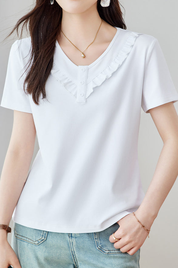 Soft Commute Ruffle-Trim V-Neck T-Shirt - liwisi