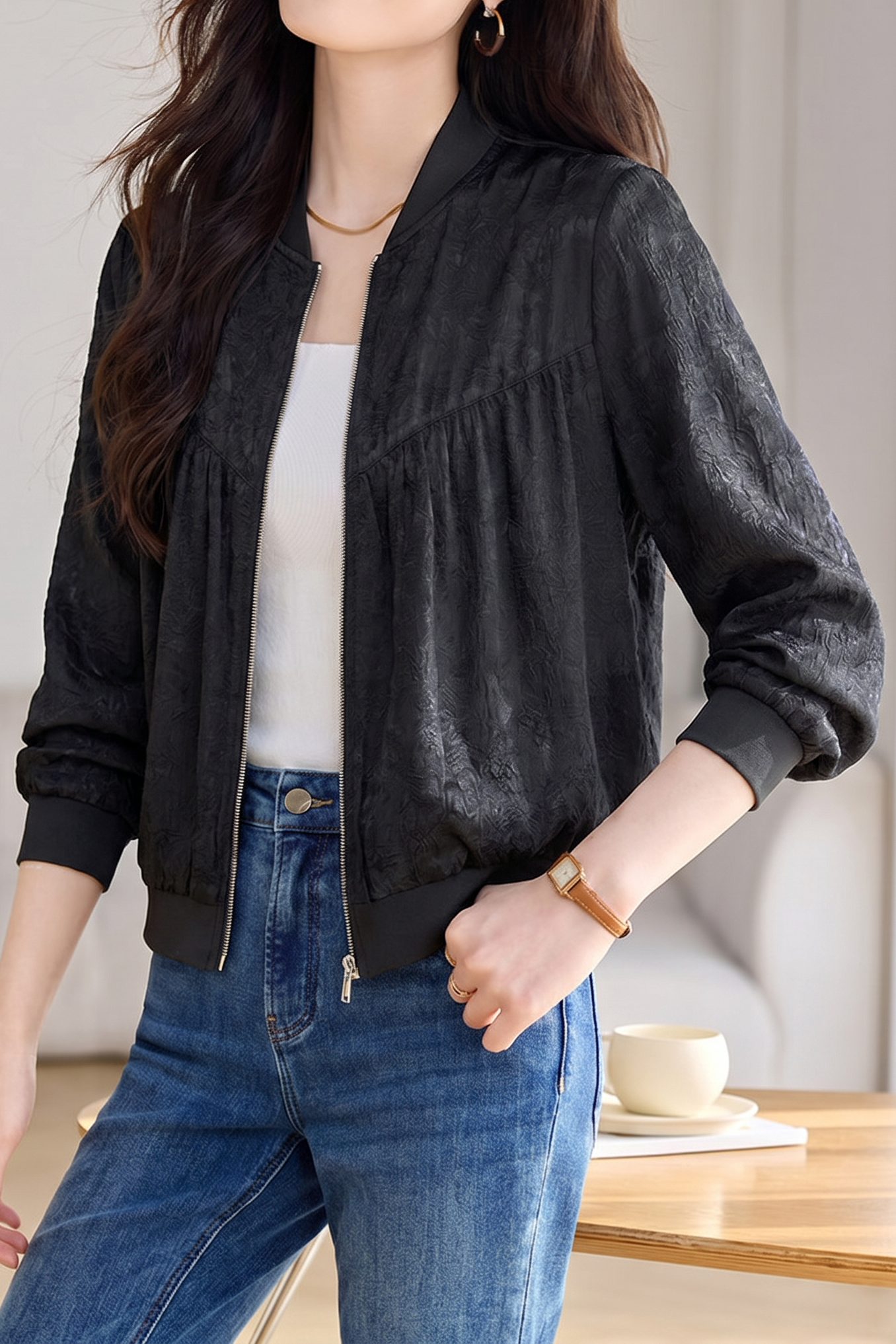 Elegant Commute Jacquard Baseball Jacket - liwisi