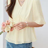 Elegant French V-Neck Pleated Shirt - liwisi