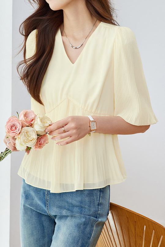 Elegant French V-Neck Pleated Shirt - liwisi