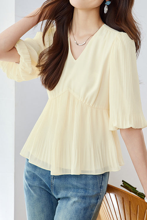 Elegant French V-Neck Pleated Shirt - liwisi