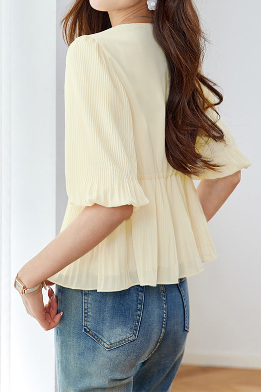 Elegant French V-Neck Pleated Shirt - liwisi