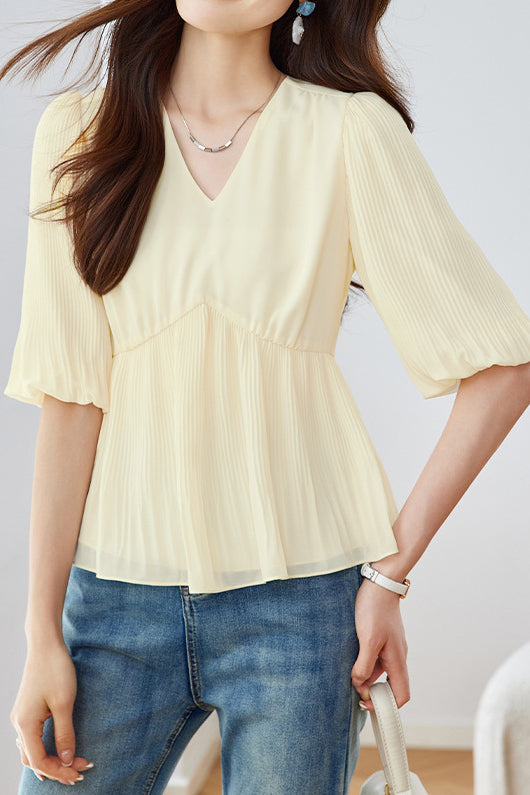Elegant French V-Neck Pleated Shirt - liwisi