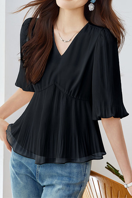 Elegant French V-Neck Pleated Shirt - liwisi