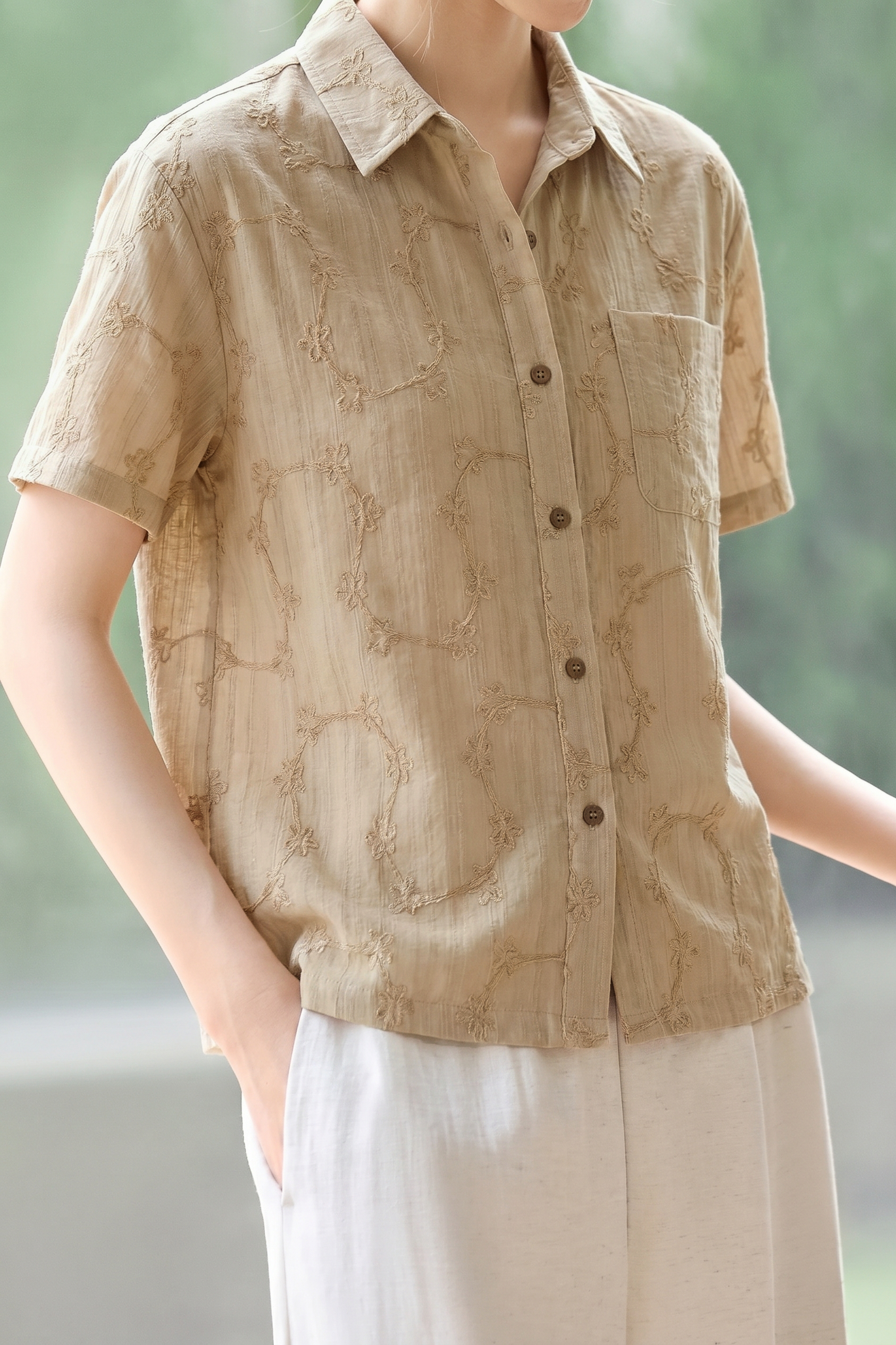 Casual Floral Embroidered Short Sleeve Shirt - liwisi