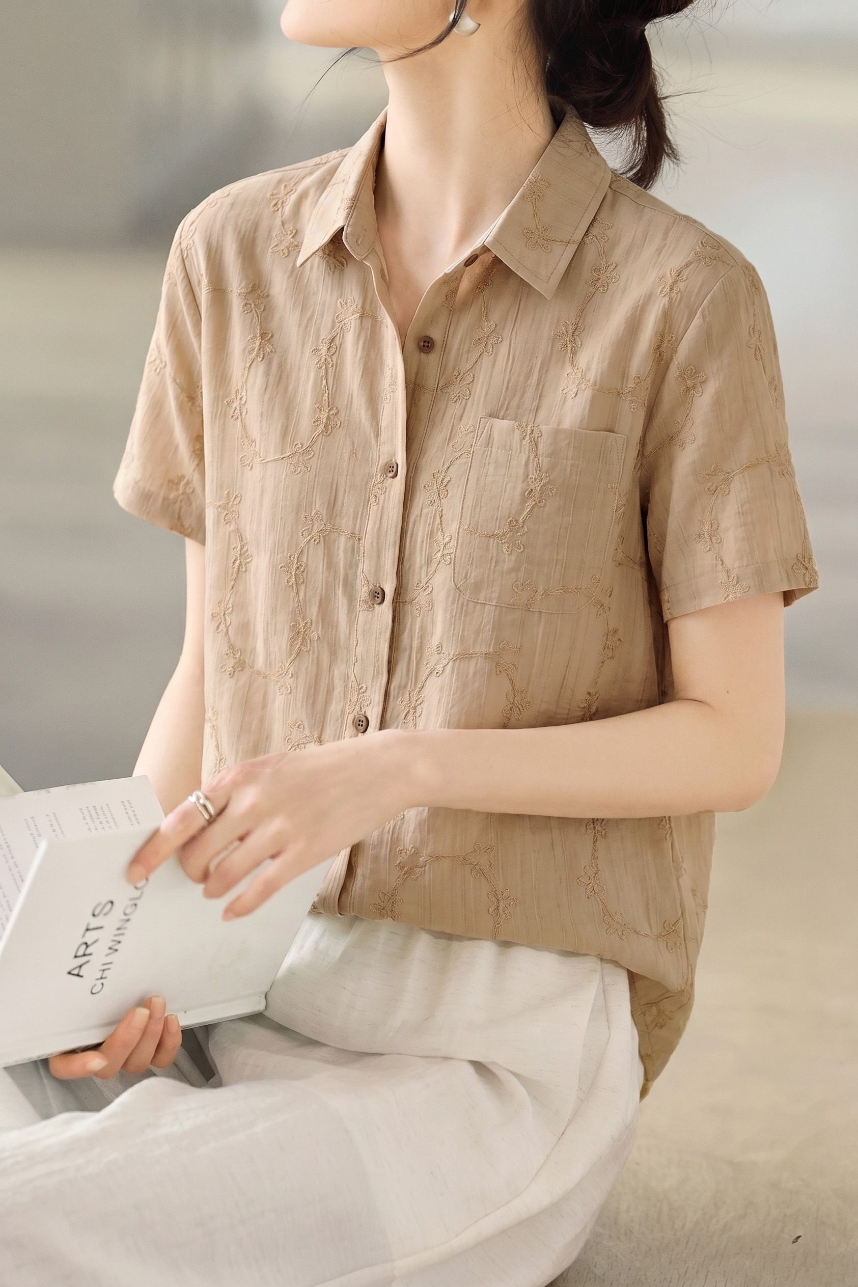 Casual Floral Embroidered Short Sleeve Shirt - liwisi