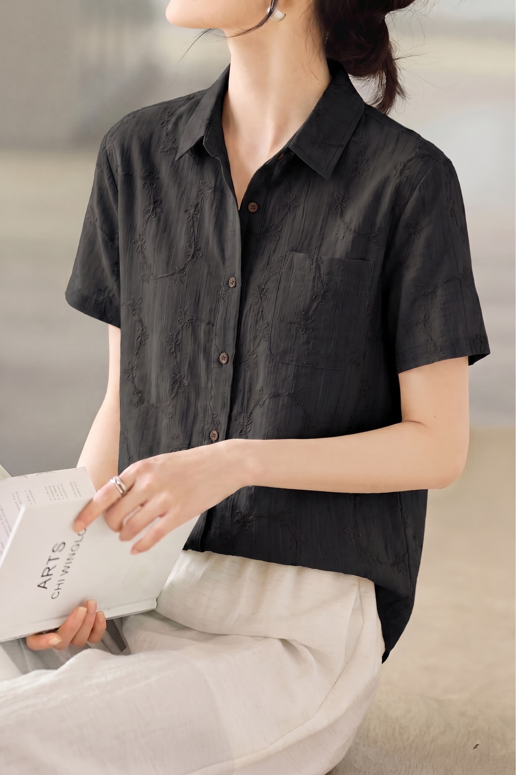 Casual Floral Embroidered Short Sleeve Shirt - liwisi