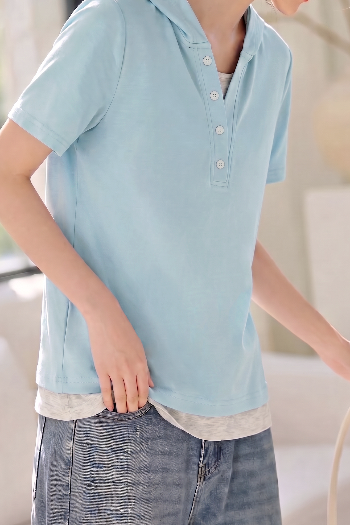 Casual Color Block Paneled Hoodie Short Sleeve T-Shirt - liwisi