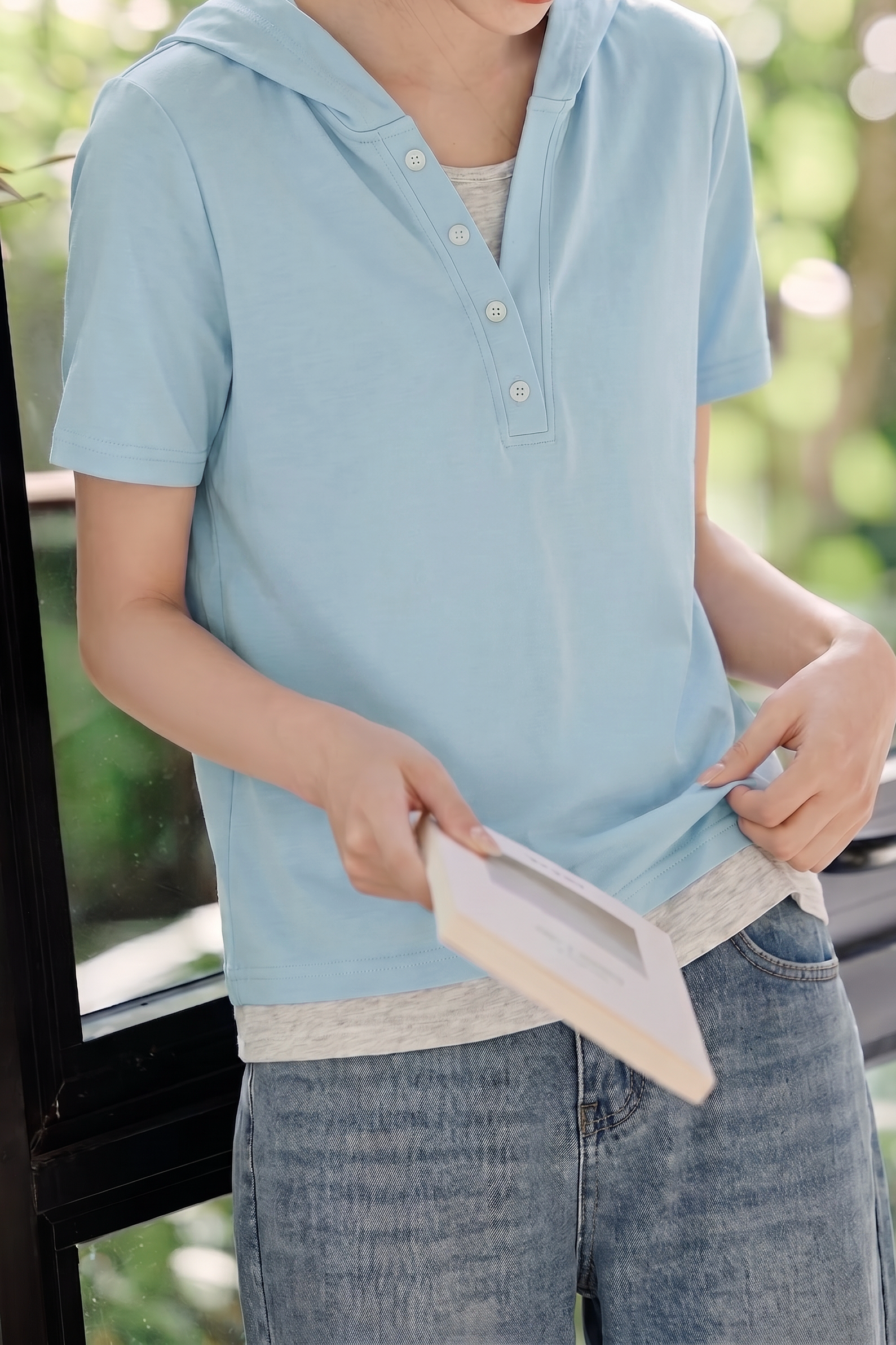 Casual Color Block Paneled Hoodie Short Sleeve T-Shirt - liwisi
