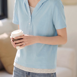 Casual Color Block Paneled Hoodie Short Sleeve T-Shirt - liwisi