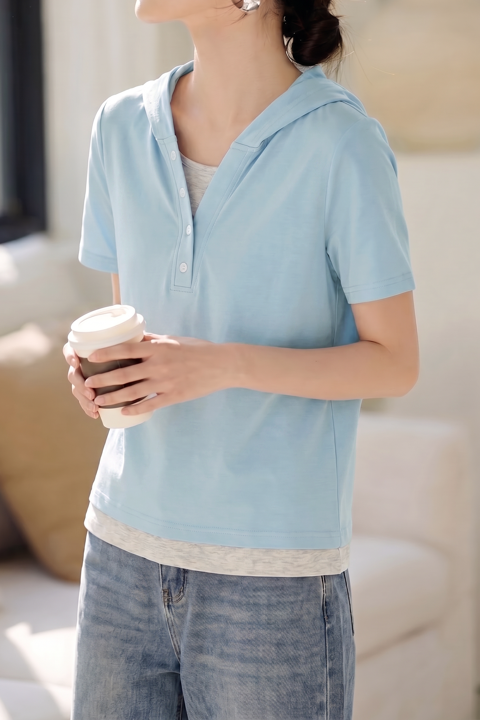 Casual Color Block Paneled Hoodie Short Sleeve T-Shirt - liwisi