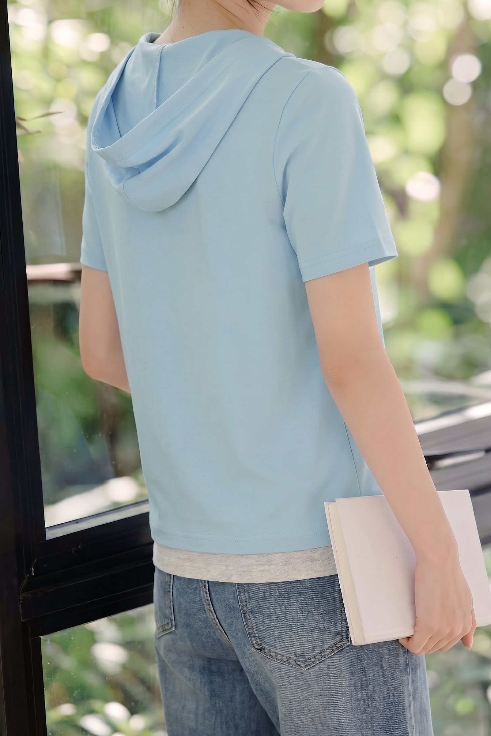 Casual Color Block Paneled Hoodie Short Sleeve T-Shirt - liwisi