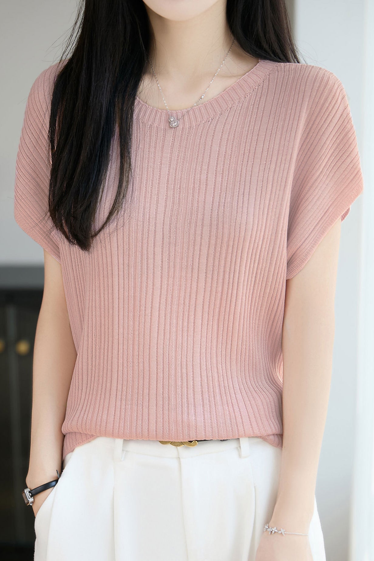 Elegant Round Neck Drop Shoulder Knit Top - liwisi