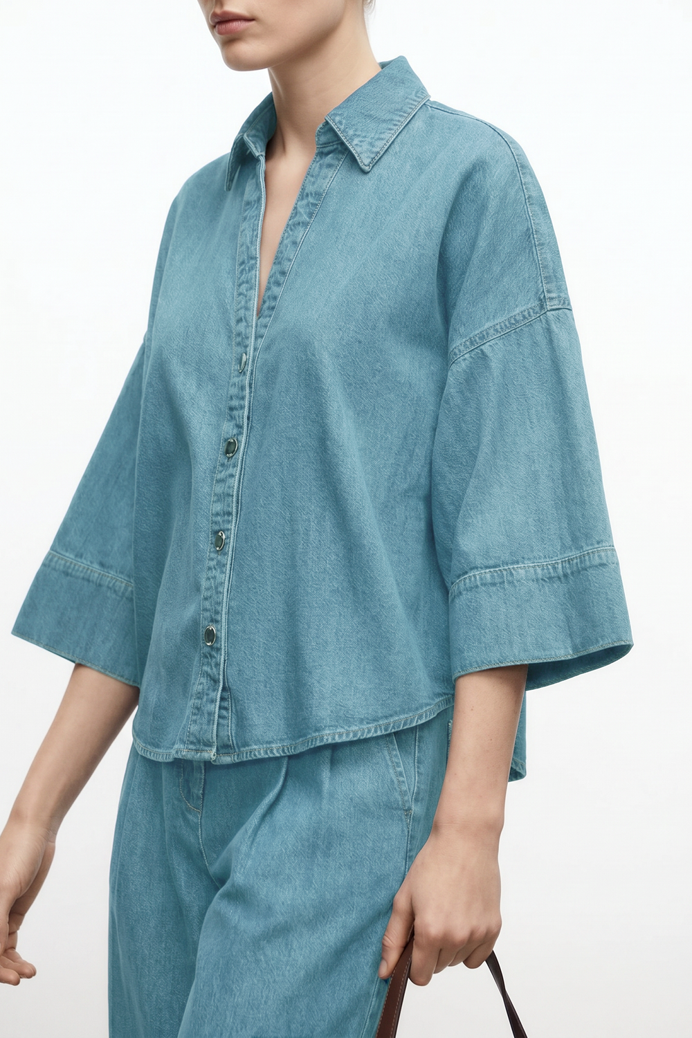 Casual Seven-Point Sleeve Shirt And Wide Leg Pants Denim Set - liwisi