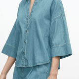 Casual Seven-Point Sleeve Shirt And Wide Leg Pants Denim Set - liwisi
