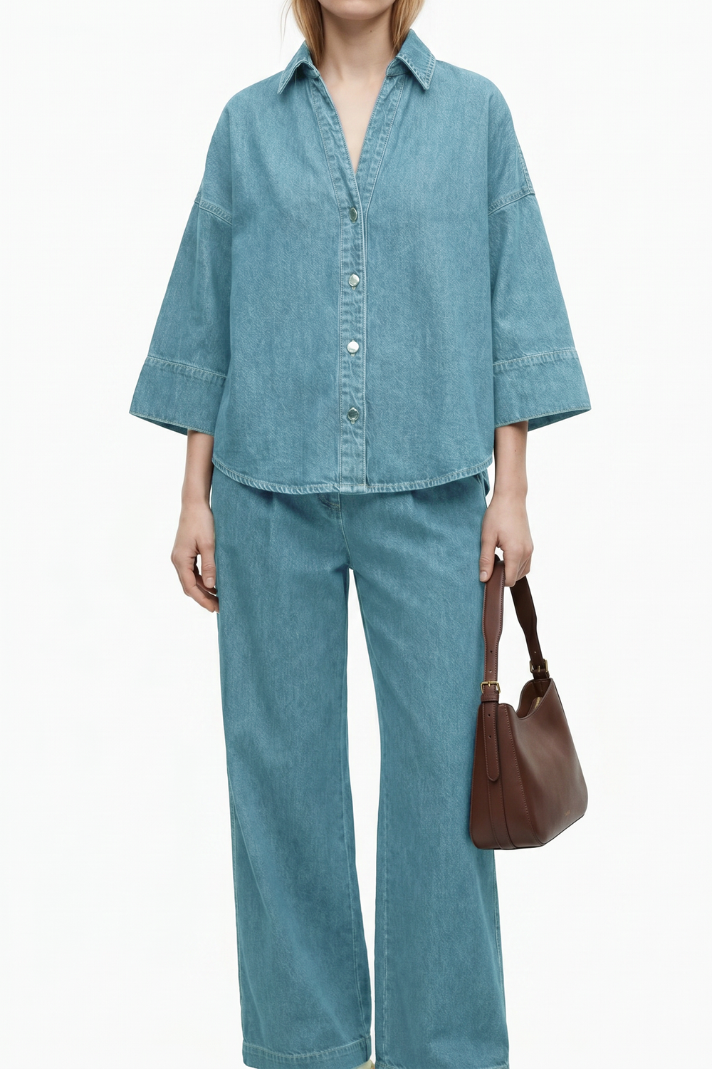 Casual Seven-Point Sleeve Shirt And Wide Leg Pants Denim Set - liwisi