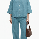 Casual Seven-Point Sleeve Shirt And Wide Leg Pants Denim Set - liwisi