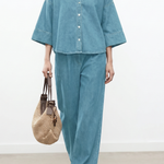 Casual Seven-Point Sleeve Shirt And Wide Leg Pants Denim Set - liwisi