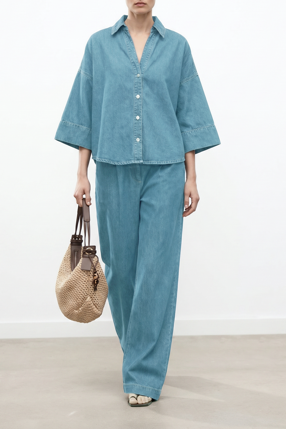 Casual Seven-Point Sleeve Shirt And Wide Leg Pants Denim Set - liwisi