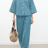 Casual Seven-Point Sleeve Shirt And Wide Leg Pants Denim Set - liwisi