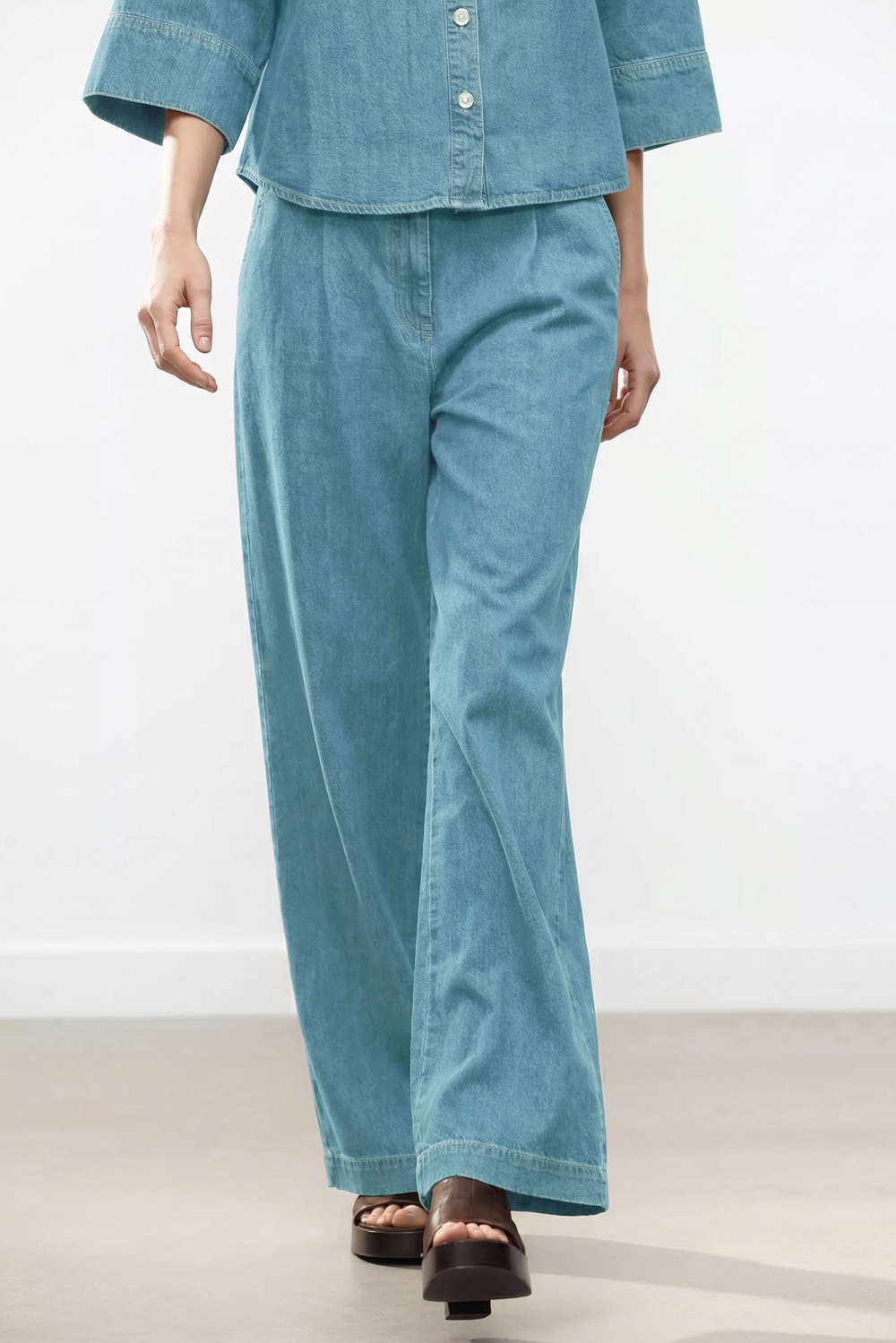 Casual Seven-Point Sleeve Shirt And Wide Leg Pants Denim Set - liwisi