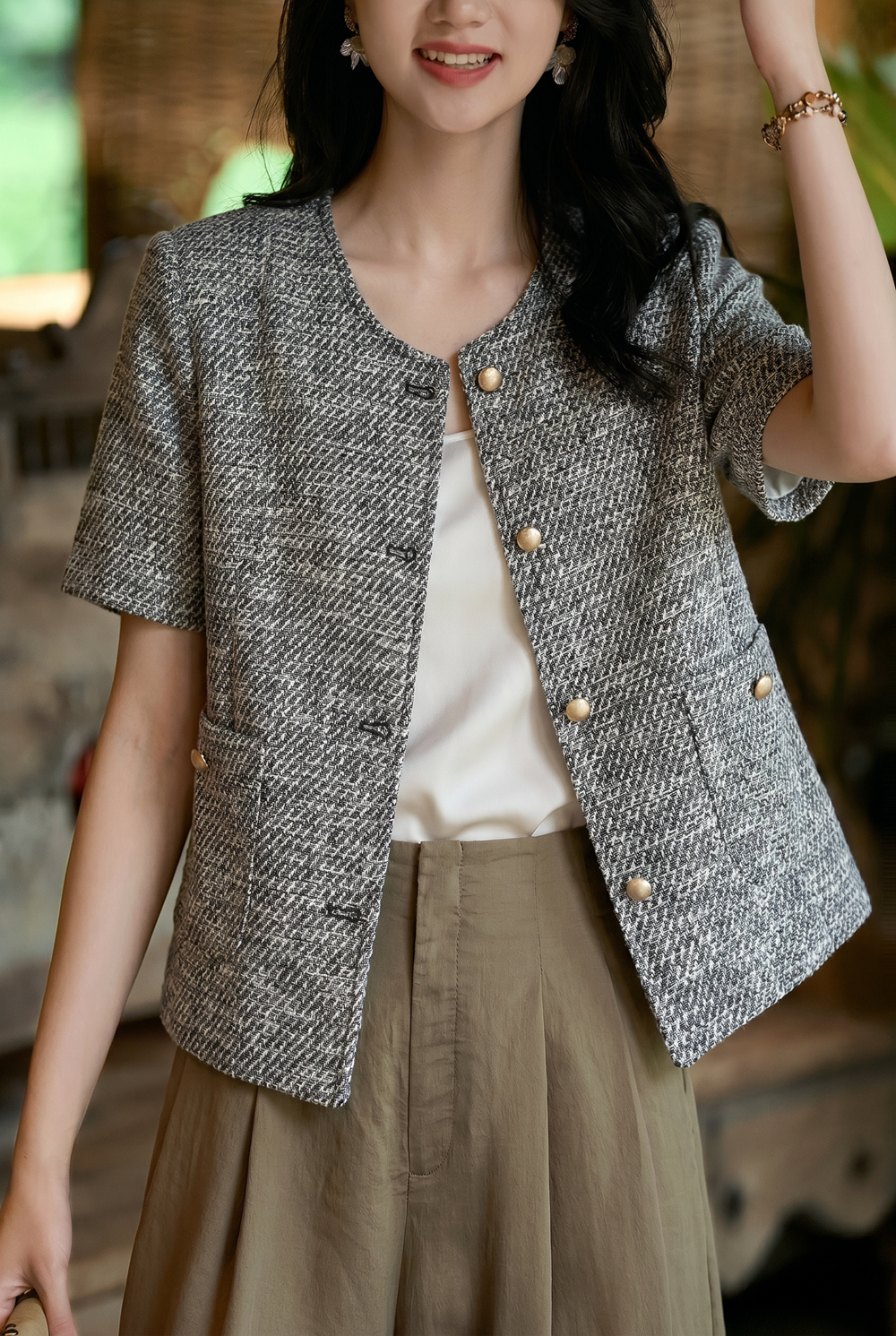 Elegant Commuter Tweed Round Neck Coat - liwisi