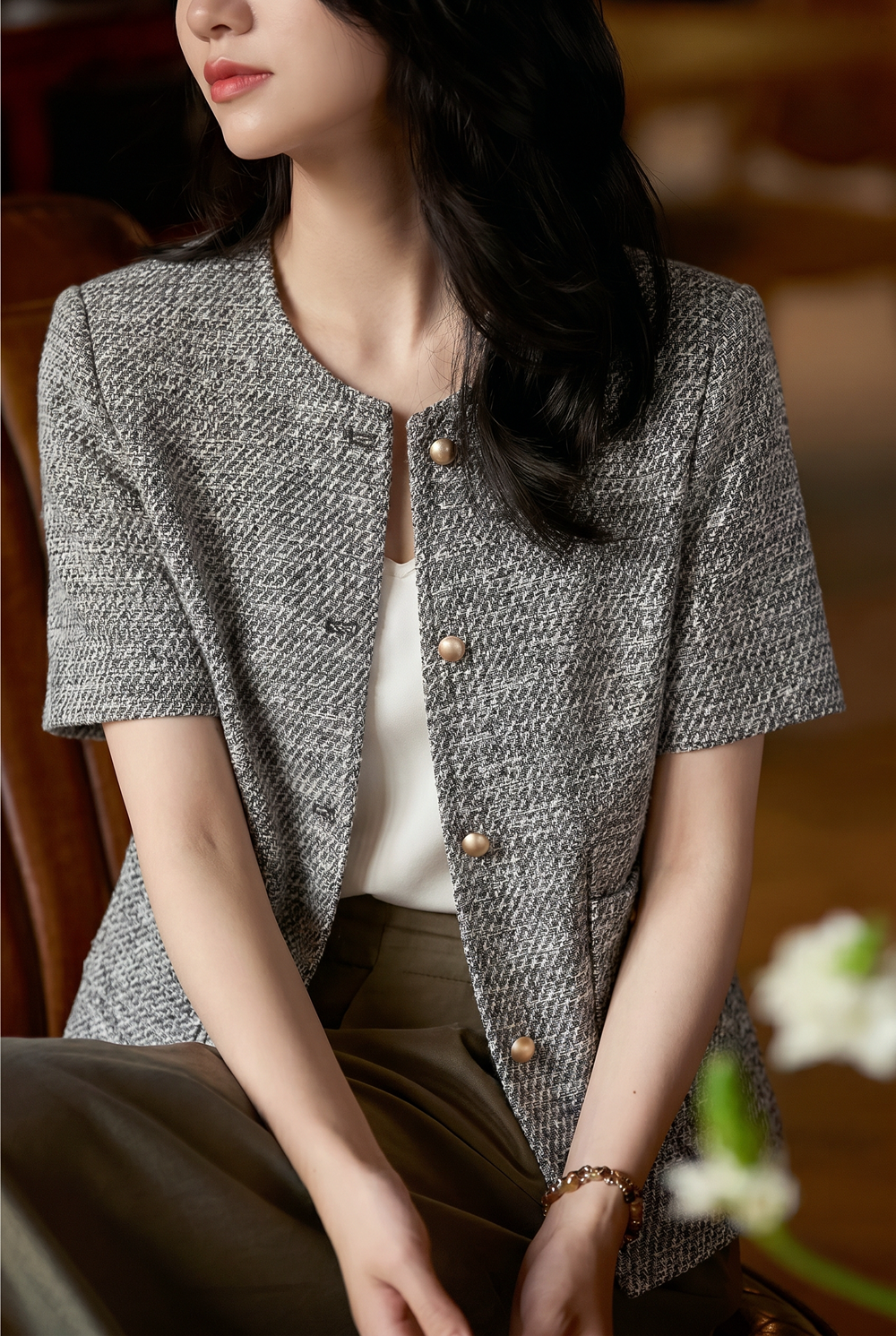 Elegant Commuter Tweed Round Neck Coat - liwisi