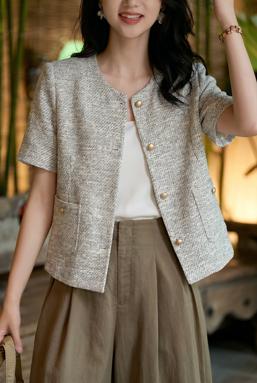 Elegant Commuter Tweed Round Neck Coat - liwisi