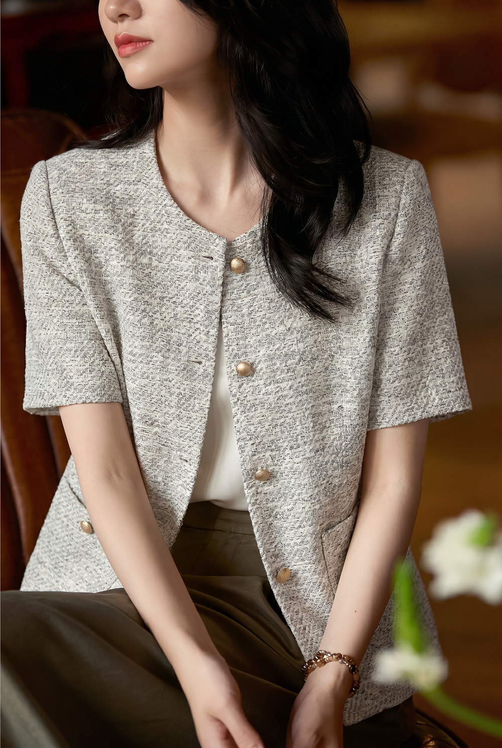 Elegant Commuter Tweed Round Neck Coat - liwisi