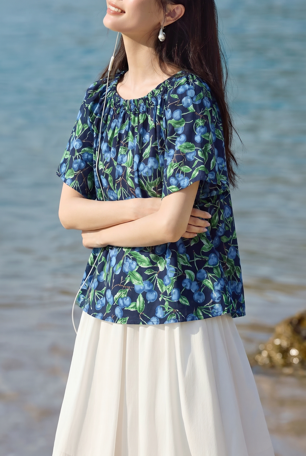 Casual Blueberry Printed Round Neck Shirt - liwisi