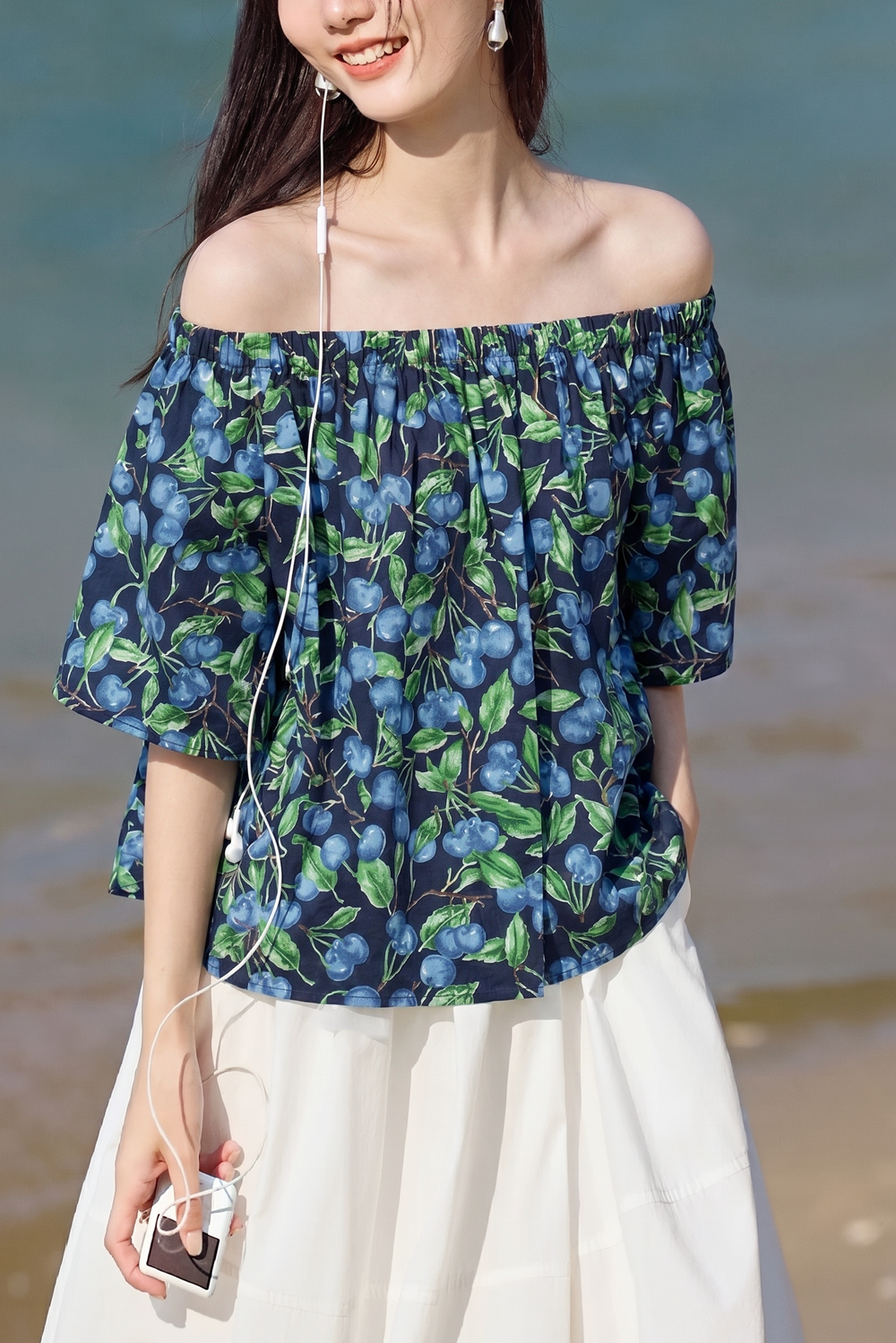 Casual Blueberry Printed Round Neck Shirt - liwisi